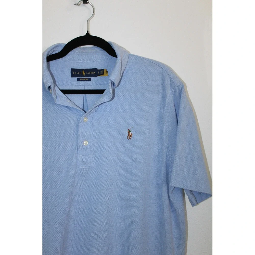 Ralph Lauren Mens Knit Oxford Polo Shirt Light Blue Short Sleeve Size L Pony